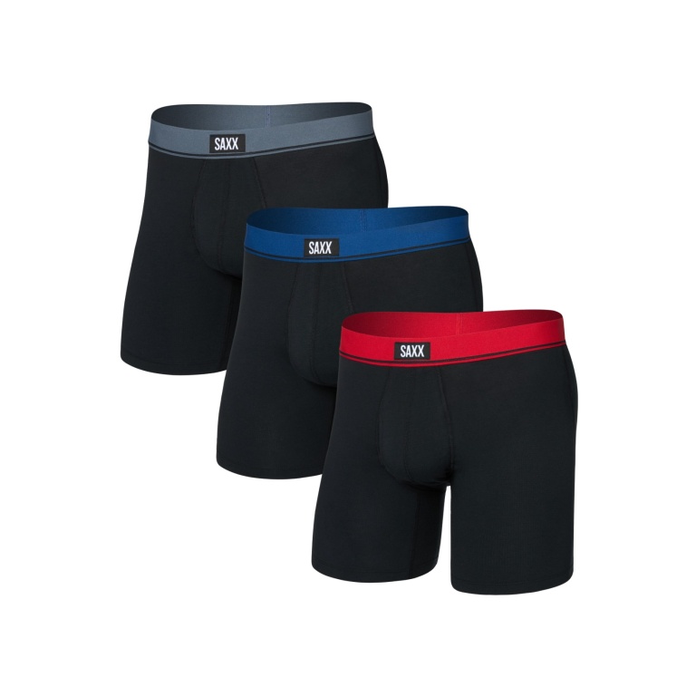 SAXX Boxershorts Essential Cotton Boxer Brief Fly TNM schwarz/rot schwarz/blau schwarz/grau Herren - 3 Stück